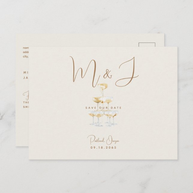 Champagne Modern Beige Bröllop spara datum Vykort (Fram/baksida)