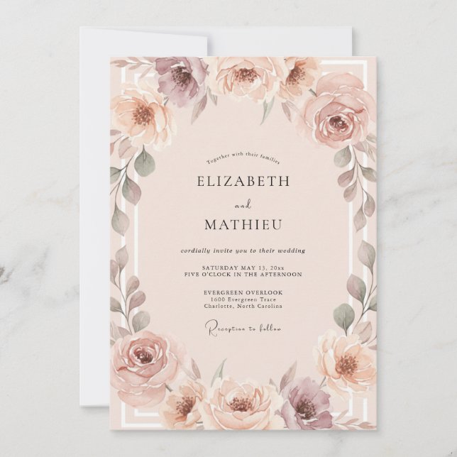 Champagne Muted Mauve Peony Bröllop Inbjudningar (Framsida)