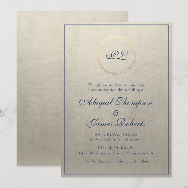 Champagne Navy Elegant Monogram Bröllop Inbjudningar (Fram/baksida)