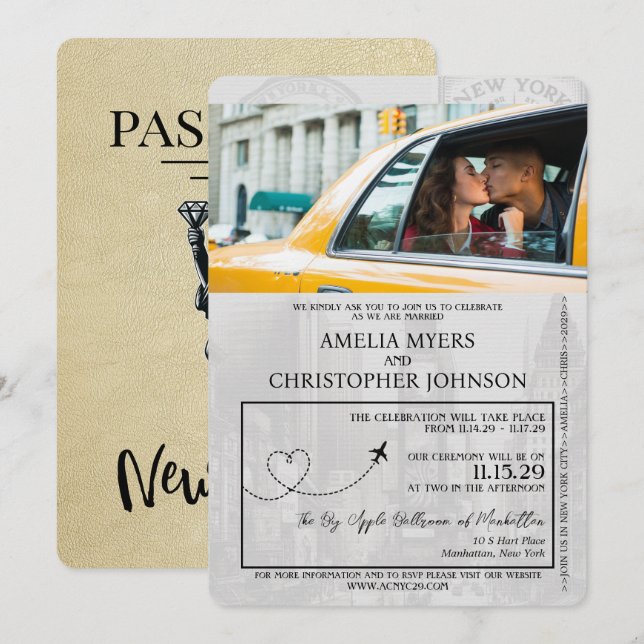 Champagne New York City Passport Bröllop Inbjudningar (Fram/baksida)