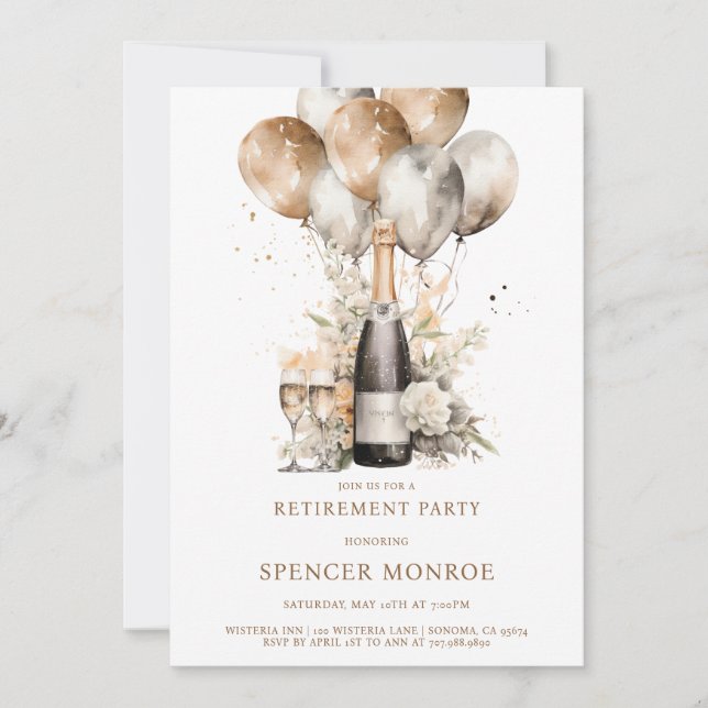 Champagne och ballonger Pension Party Inbjudningar (Framsida)