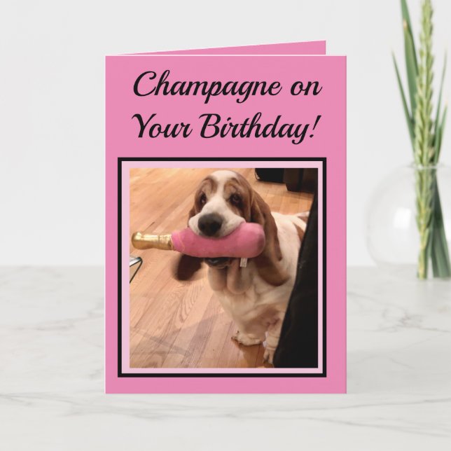 Champagne och Basset Hound på det fina födelsedags Kort (Framsida)