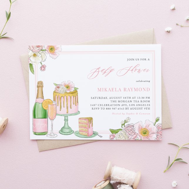 Champagne och Blommigt för skinka, babyskor Inbjudningar (Skapare uppladdad)