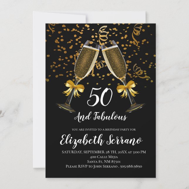Champagne och konfetti Black Guld 50:e födelsedage Inbjudningar (Framsida)