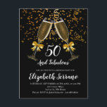 Champagne och konfetti Black Guld 50:e födelsedage Vykort<br><div class="desc">Champagneglas och guld rosett band med guld konetti på svart med vit typ,  50 och fantastiska födelsedagsfest inbjudan. Ett trendig svart inbjudan med ett modernt typsnitt. Pärlande champagneglas. Anpassa med din party-information. Underbar för en man eller kvinna. Anpassa för alla åldrar. 30,  40,  60,  70,  80 och senare.</div>