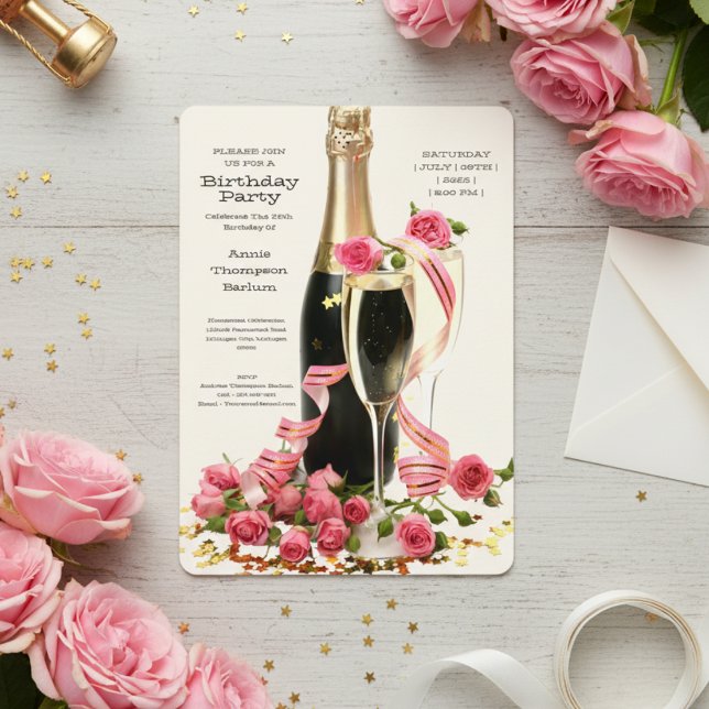 Champagne och Ro-födelsedagsinbjudan Inbjudningar (Champagne and Roses Birthday Invitation)