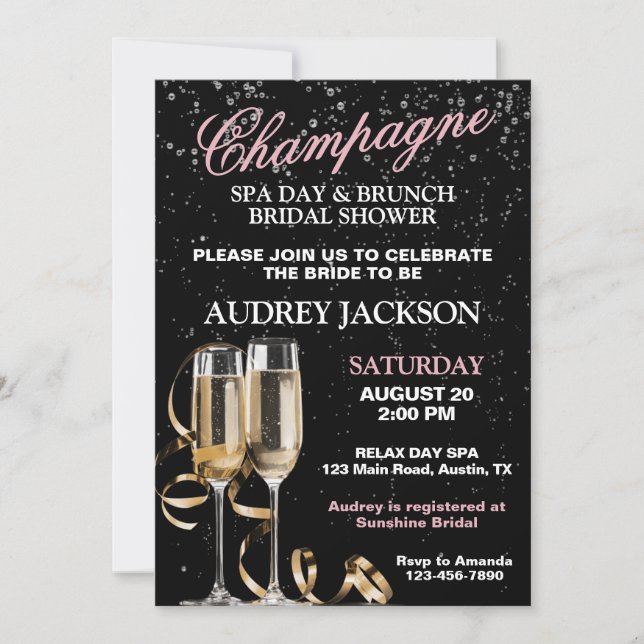 Champagne och spa-dagsbrunch för bröllopsfest inbjudningar (Framsida)