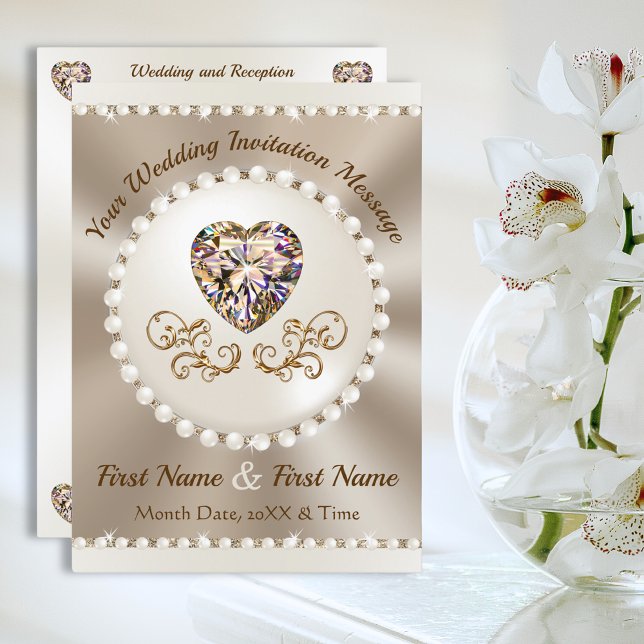 Champagne och Taupe Bröllop, bröllopsinbjudningar Inbjudningar (Champagne and ivory wedding. Diamond and pearls invitations. Champagne wedding motif. Heart Diamond.)