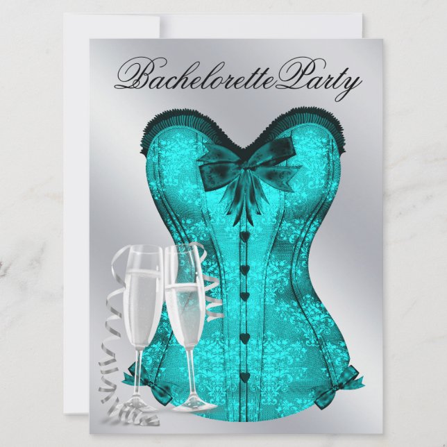 Champagne och Teal Blue Corset Bachelorette Party Inbjudningar (Framsida)
