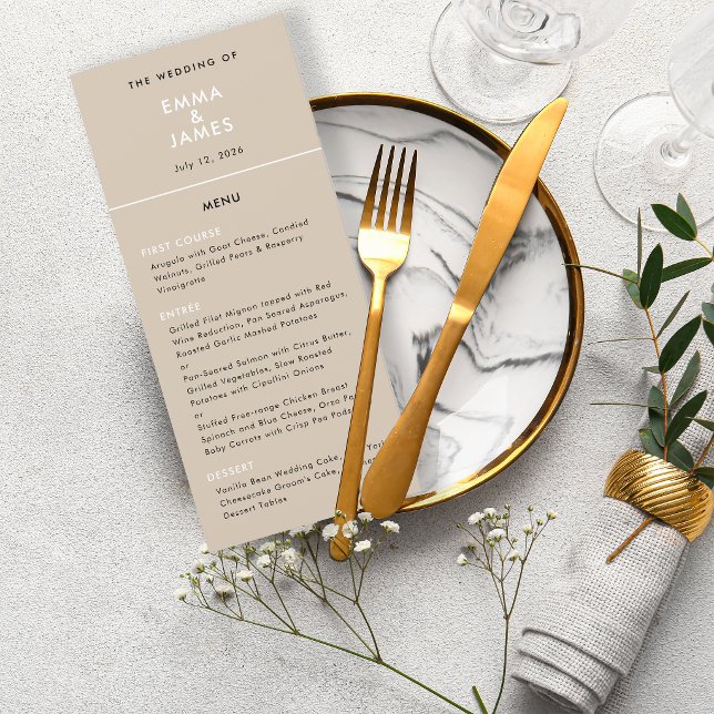 Champagne Omvänd Minimalistisk Bröllop | QR Elegan Meny (Reverse warm champagne menu with qr code included for refined minimalist type with modern elegance.)
