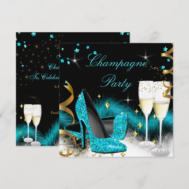 Champagne Party Glitter Teal Blue-Högklackar Inbjudningar (Fram/baksida)