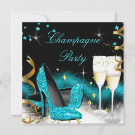 Champagne Party Glitter Teal Blue-Högklackar Inbjudningar