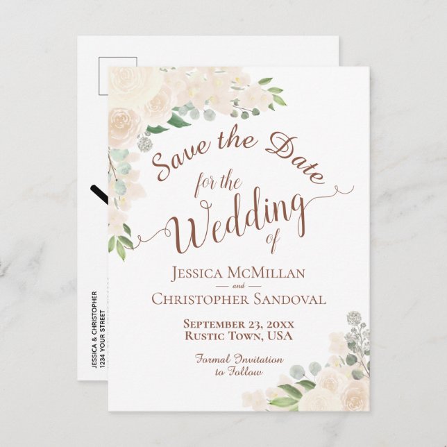 Champagne  Peach Blommigt Bröllop spara datum Meddelande Vykort (Fram/baksida)