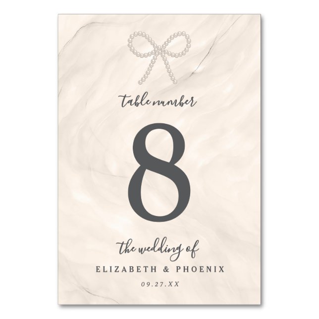 Champagne Pearl Bow Elegant Luxury Wedding Bordsnummer (Framsidan)