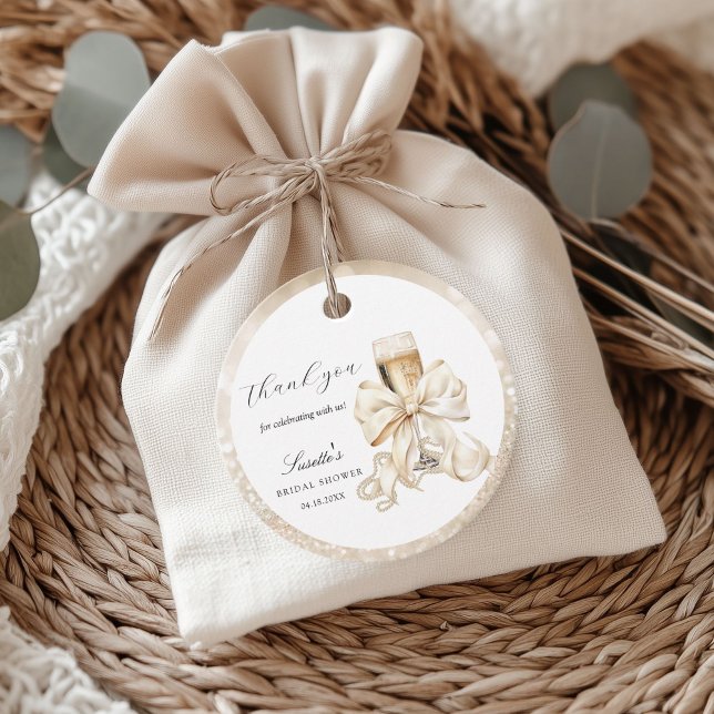 Champagne & Pearls - Bröllopsbrunch Tack Gåvor Etiketter (Champagne and Pearls Bridal Shower Thank you favor tag)