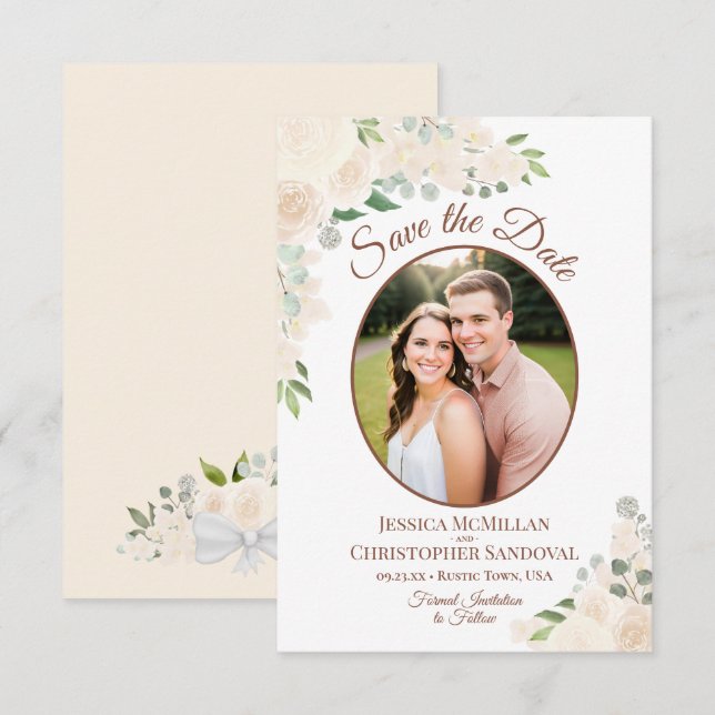 Champagne Persika Boho Blommig Oval Foto Bröllop Spara Datumet (Fram/baksida)