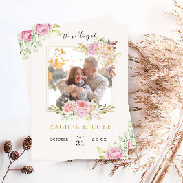 Champagne PHOTO Blommigt Bröllop Stil Inbjudningar