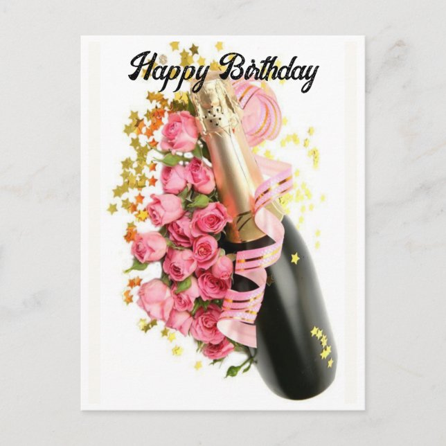 Champagne & Pink Roses Födelsedagskort Vykort (Framsida)