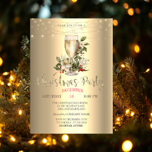 Champagne, Poinsettia, Holly Berry Gold Jul Inbjudningar