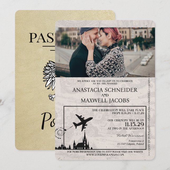 Champagne Poland Passport Wedding bjudande Inbjudningar (Fram/baksida)