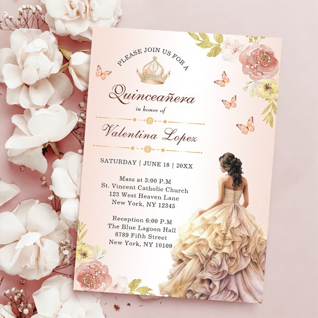 Champagne Princess Dress Quinceañera Birthday Inbjudningar (Skapare uppladdad)