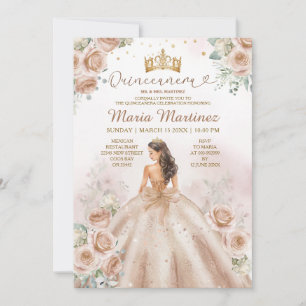 Champagne Prinsessa Blommig Guld Glitter Quinceañe Inbjudningar