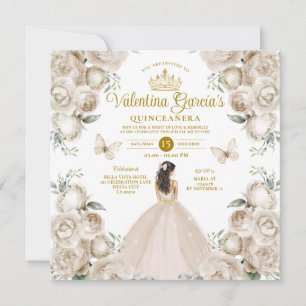 Champagne Quinceañera 15 Anos Flowers Guld Krona Inbjudningar