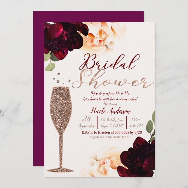 Champagne Ro Guld Blommigt Möhippa Inbjudningar (Fram/baksida)