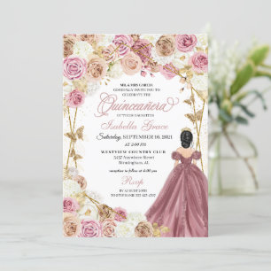 Champagne Ro Guld Butterfly Princess Quinceanera Inbjudningar