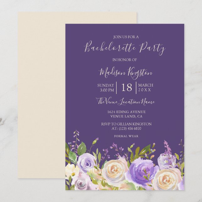 Champagne Ro Lila blommor Bachelorette Party Inbjudningar (Fram/baksida)