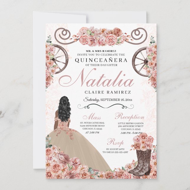 Champagne Ro Ranchero Princess Dress Quinceanera Inbjudningar (Framsida)