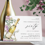 Champagne | Roligt Elegant Kvinnor 60:e födelsedag Inbjudningar<br><div class="desc">Söt 60-årsinbjudningar med en vattenfärgad illustration av en champagne flaska omgiven av lila blommor. Stor "sextio" text skrivs i skript,  för stil roligt-but-elegant. Den omvända sidan är en samordnande blek grönt färg. (färg i bakgrunden kan ändras om så önskas med hjälp av verktyg).</div>