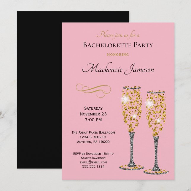 Champagne Rosa Bachelorette-partiets inbjudan (Fram/baksida)