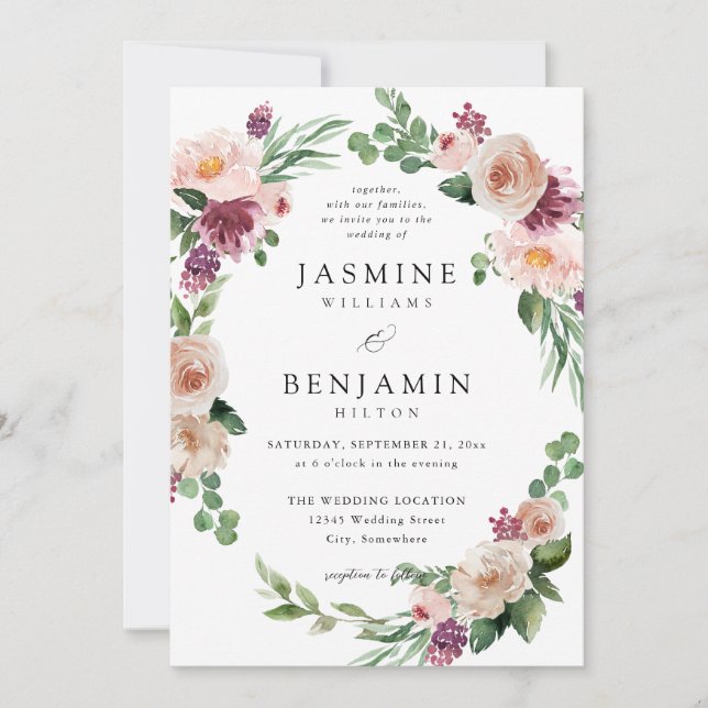 Champagne & Rosa Blommigt 4 Inbjudningar (Framsida)