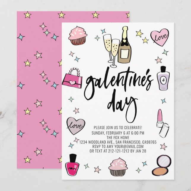 Champagne Rosa Galentine's Day Party Inbjudningar (Fram/baksida)