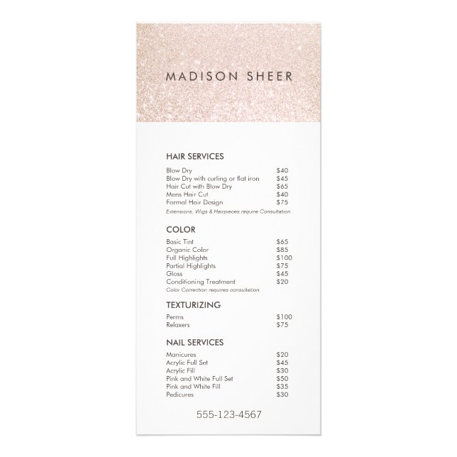 Champagne Rosa Glitter Salon Pris List Menu Reklamkort (Framsidan)