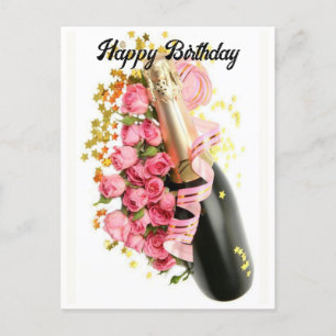 Champagne & Rosa ros Birthday Post Card Vykort
