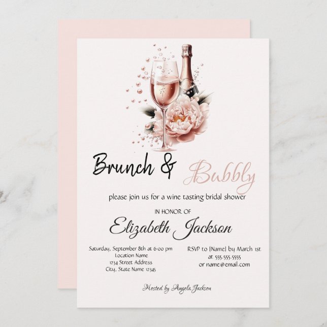 Champagne Rosa ros Brunch & BubblyBridal Shower Inbjudningar (Fram/baksida)
