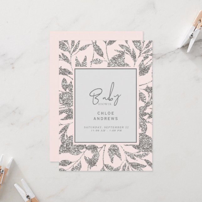 Champagne Rosa & Silver Glam Baby Shower Inbjudningar (Fram/Back In Situ)
