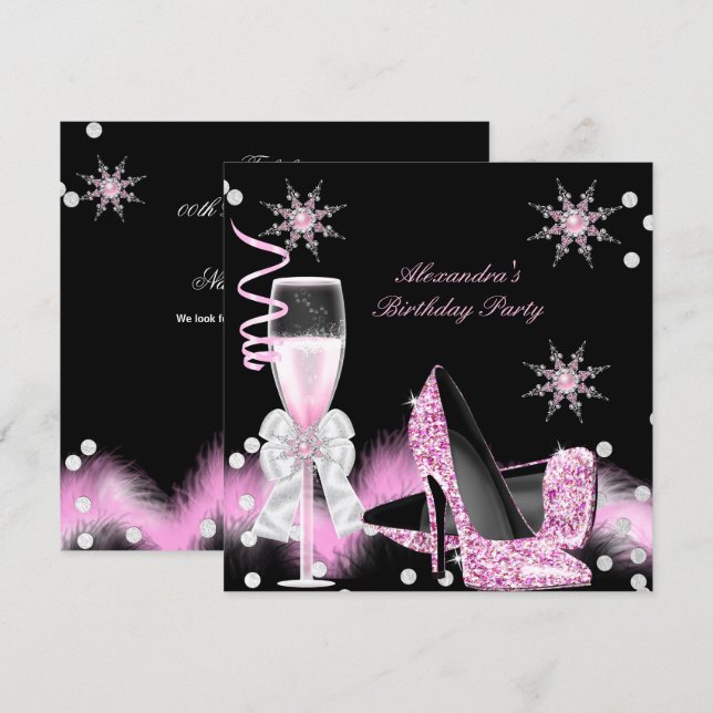 Champagne Rosa Stövelskor Födelsedagsfest Inbjudningar (Fram/baksida)