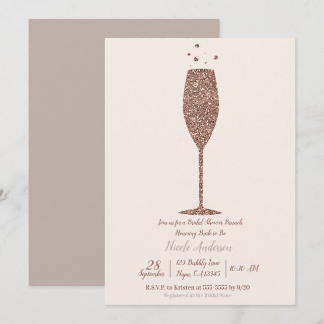 Champagne Rosé Guld Bröllopsdusch Brunch Inbjudningar (Fram/baksida)