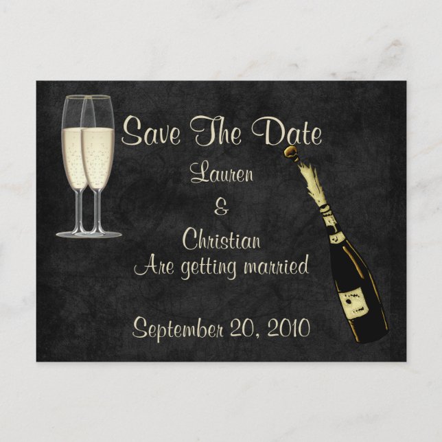 Champagne Save The Date (Svart) Meddelande Vykort (Framsida)