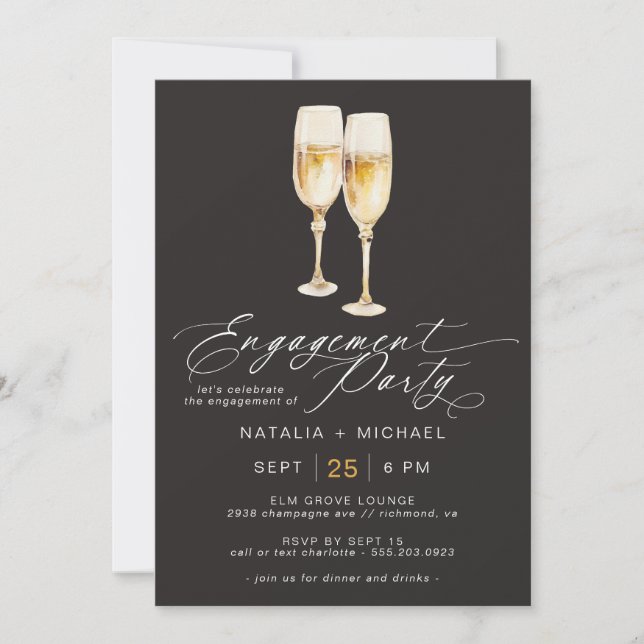 Champagne Script | Svart Förlovningsfest för Elega Inbjudningar (Framsida)
