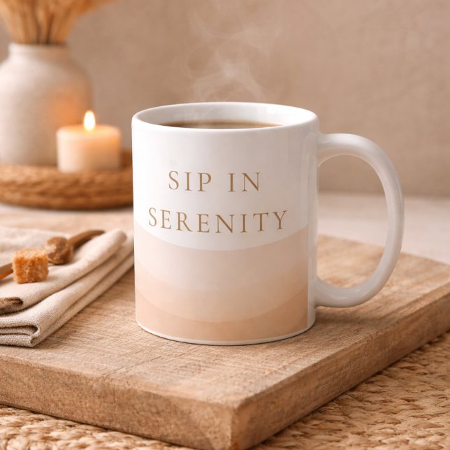 Champagne Shore Calm Classic Mugg, 11 oz Kaffemugg (Taupe to ivory ombre with Sip in Serenity for elevated coastal mornings)
