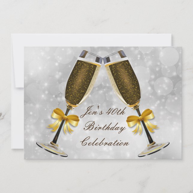 Champagne silver glamor 40-årsdagen party inbjudningar (Framsida)