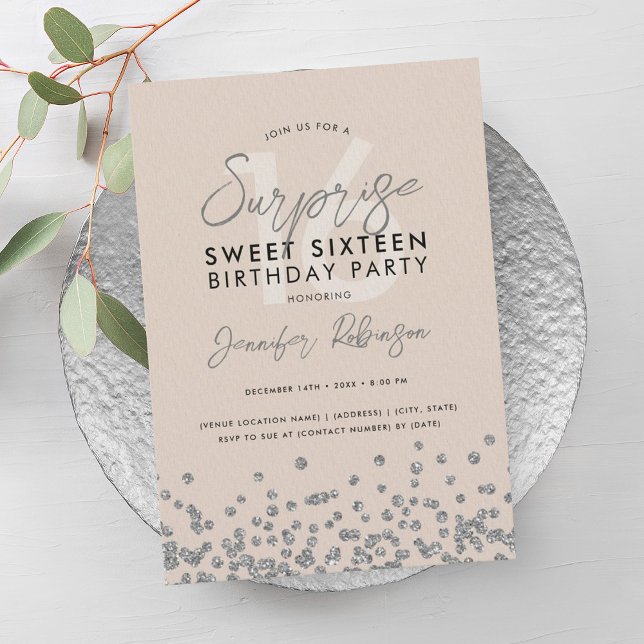 Champagne Silver Glitter Surprise Sweet 16 Inbjudningar (Champagne Silver Glitter Surprise Sweet 16 Invitation)