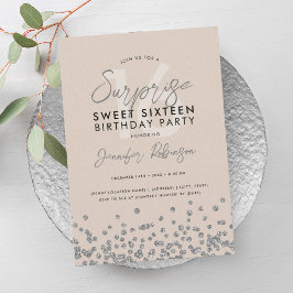 Champagne Silver Glitter Surprise Sweet 16 Inbjudningar