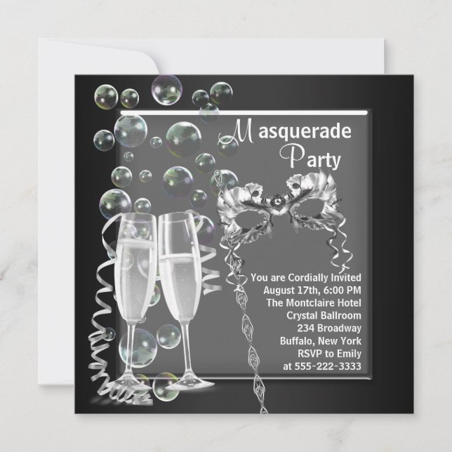 Champagne Silver Svart Maskeradfest Inbjudningar (Framsida)