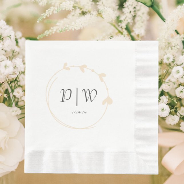 Champagne Simne Heart WAN Monogram Bröllop Pappersservett (In Situ Wedding)