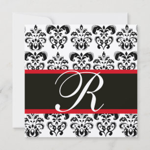 CHAMPAGNE & SVART RÖD DAMASK-MONOGRAM, vit Inbjudningar